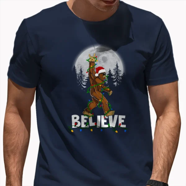 Rock On Bigfoot Believe Christmas T-Shirt Funny Santa Sasquatch Tee