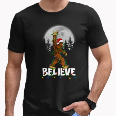 25 Best Bigfoot Christmas Shirts to Make Your Holidays Legendary 3 Rock On Bigfoot Believe Christmas T-Shirt Funny Santa Sasquatch Tee