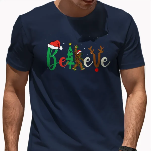 Rock Roll Bigfoot Believe Christmas Shirt Funny Santa Sasquatch Gift