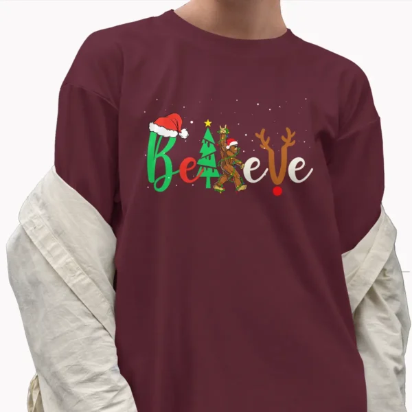 Rock Roll Bigfoot Believe Christmas Shirt Funny Santa Sasquatch Gift