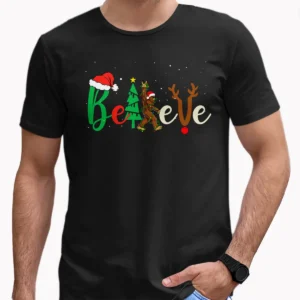 Rock Roll Bigfoot Believe Christmas Shirt Funny Santa Sasquatch Gift