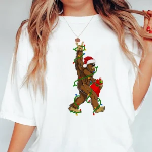 Rockin' Santa Bigfoot Christmas Shirt Funny Sasquatch with Gift Sack