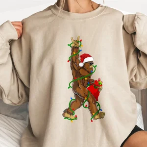 Rockin' Santa Bigfoot Christmas Shirt Funny Sasquatch with Gift Sack