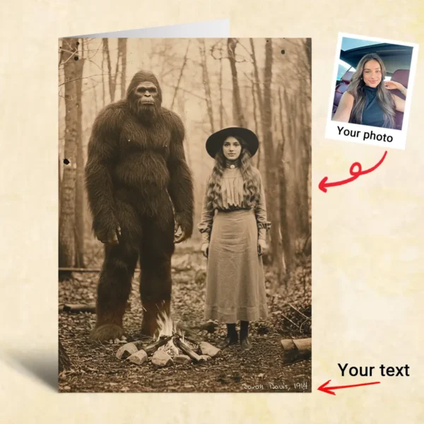 Personalized Bigfoot 1910s Portrait Card Custom Photo & Text Unique Historical Christmas Greeting Card Gift