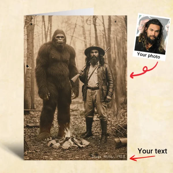 Personalized Bigfoot 1910s Portrait Card Custom Photo & Text Unique Historical Christmas Greeting Card Gift
