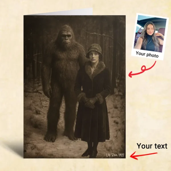 Personalized Bigfoot 1920s Photo Christmas Card Custom Face Vintage Greeting Card