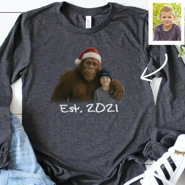 Personalized Bigfoot Photo Christmas Long Sleeve Tee Funny Custom