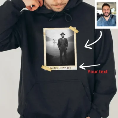 Personalized 1934 Nessie Hoodie Custom Your Face in Vintage Loch Ness Monster Hooded Sweatshirt