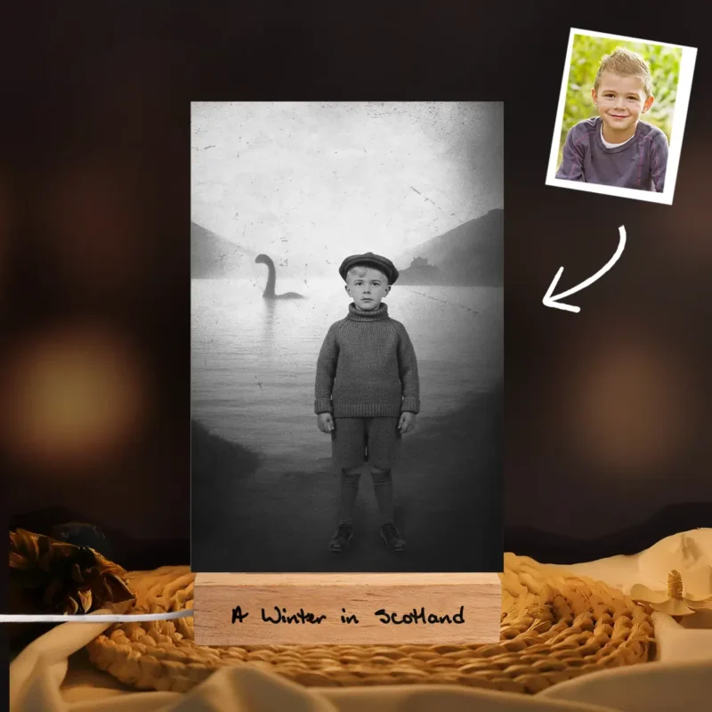 Personalized 1934 Nessie LED Lamp Custom Your Face in Vintage Loch Ness Monster Night Light