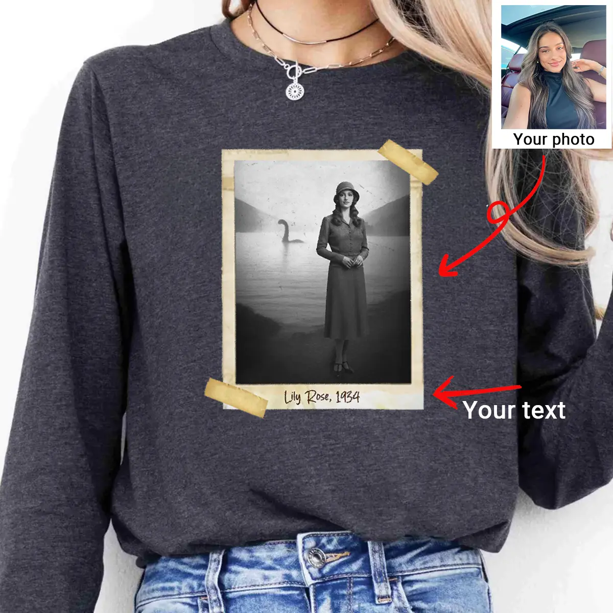 Personalized 1934 Nessie Long Sleeve Tee | Custom Your Face in Vintage Loch Ness Monster Crewneck 1 Personalized 1934 Nessie Long Sleeve Tee Custom Your Face in Vintage Loch Ness Monster Crewneck