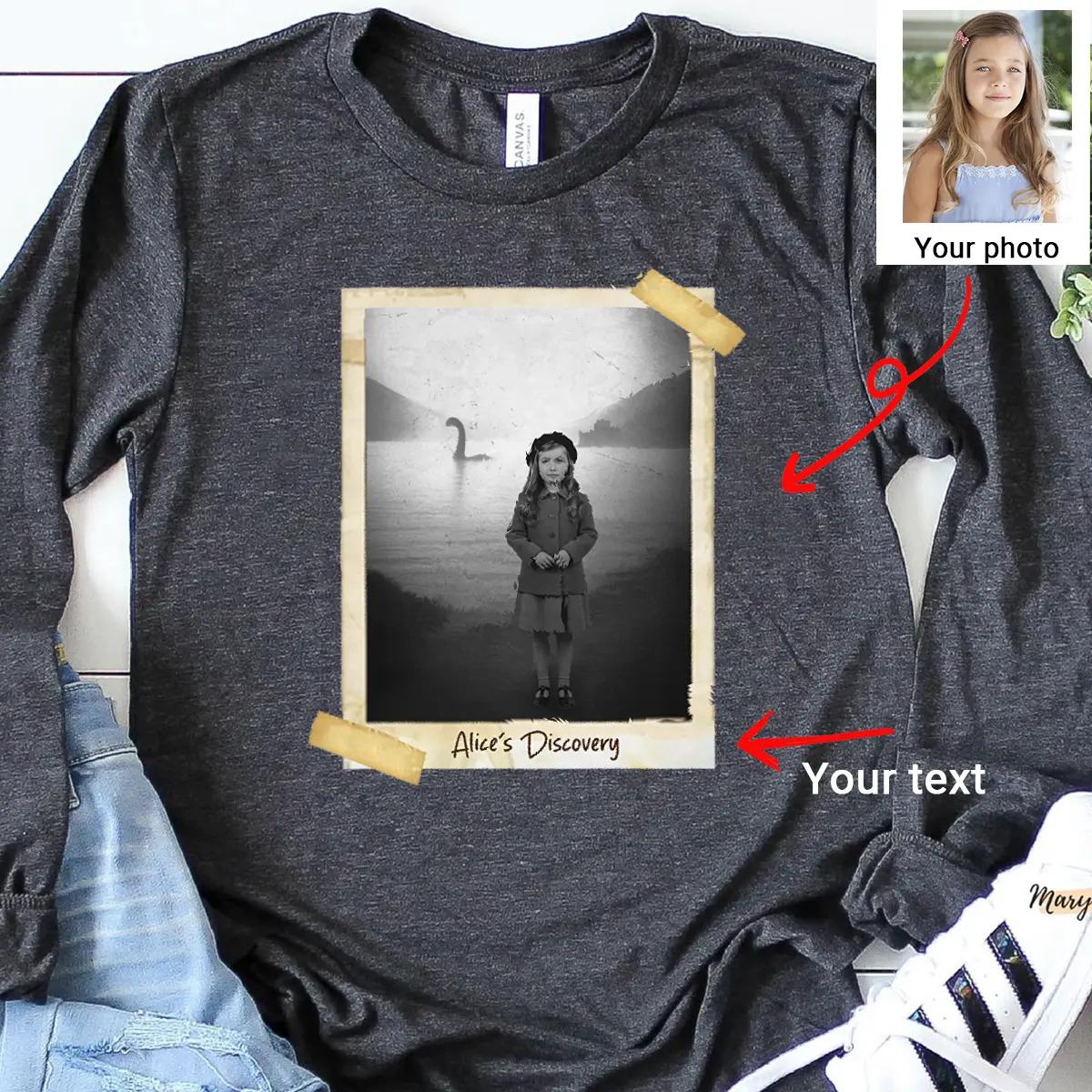 Personalized 1934 Nessie Long Sleeve Tee | Custom Your Face in Vintage Loch Ness Monster Crewneck 5 Personalized 1934 Nessie Long Sleeve Tee Custom Your Face in Vintage Loch Ness Monster Crewneck