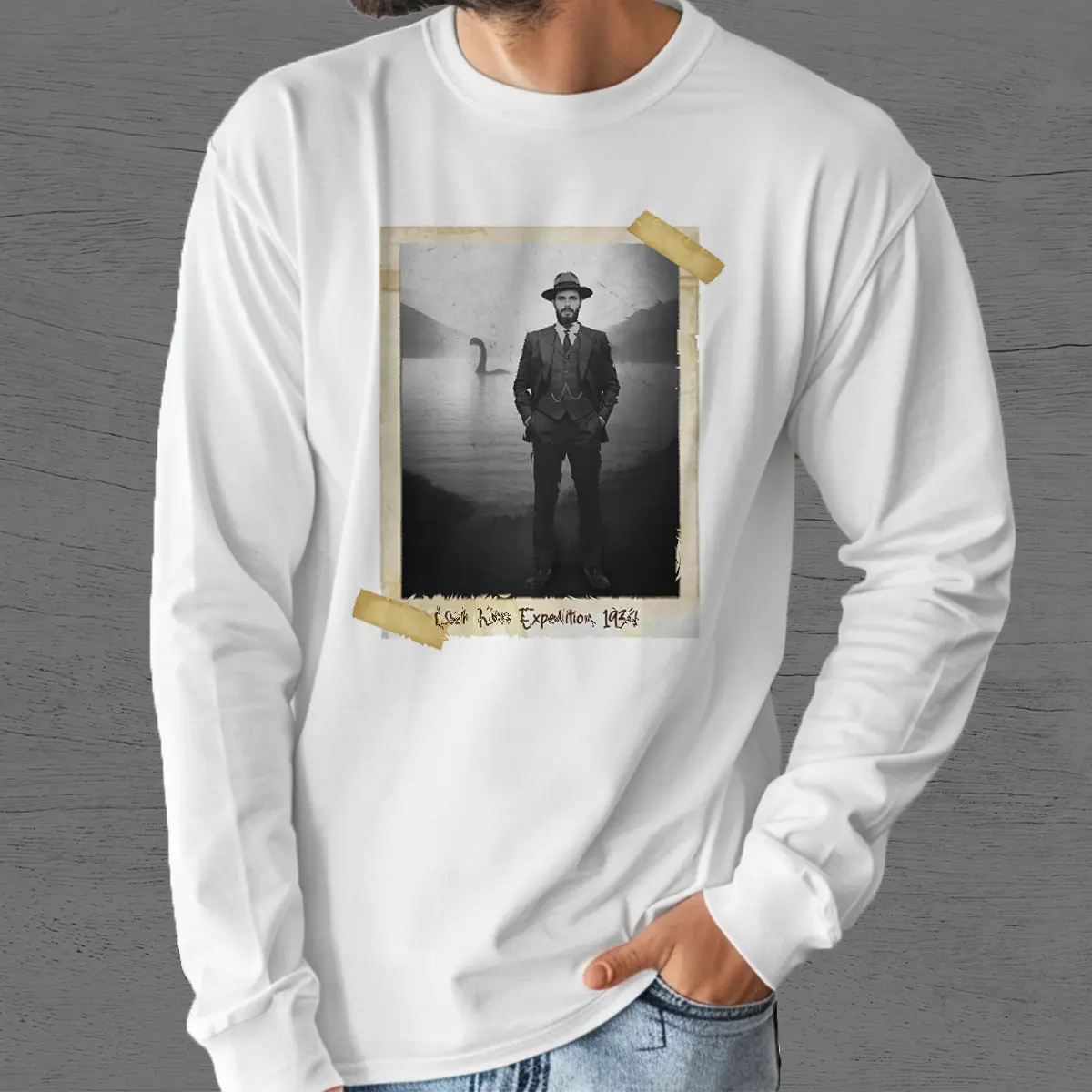 Personalized 1934 Nessie Long Sleeve Tee | Custom Your Face in Vintage Loch Ness Monster Crewneck 9 Personalized 1934 Nessie Long Sleeve Tee Custom Your Face in Vintage Loch Ness Monster Crewneck