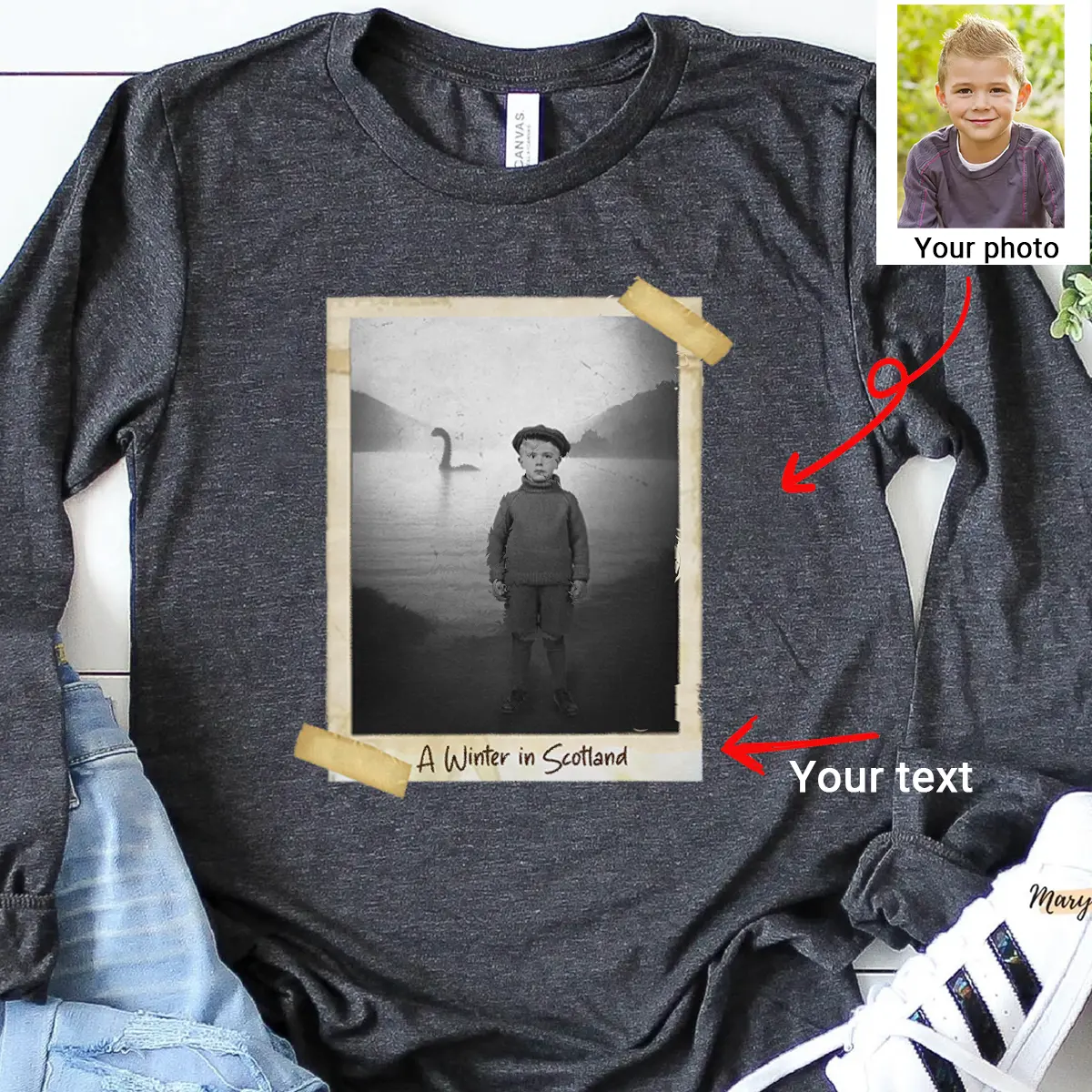 Personalized 1934 Nessie Long Sleeve Tee | Custom Your Face in Vintage Loch Ness Monster Crewneck 10 Personalized 1934 Nessie Long Sleeve Tee Custom Your Face in Vintage Loch Ness Monster Crewneck