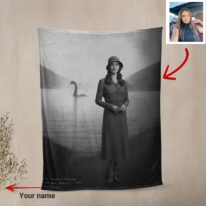 Personalized 1934 Nessie Sherpa Blanket Custom Your Face in Vintage Loch Ness Monster Cozy