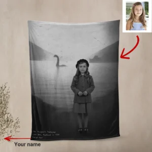 Personalized 1934 Nessie Sherpa Blanket Custom Your Face in Vintage Loch Ness Monster Cozy