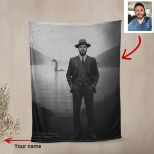 Personalized 1934 Nessie Sherpa Blanket Custom Your Face in Vintage Loch Ness Monster Cozy