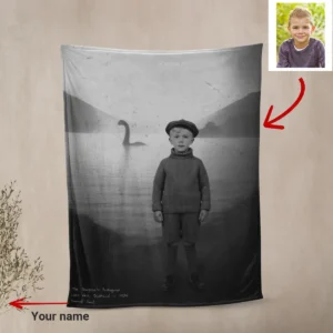 Personalized 1934 Nessie Sherpa Blanket Custom Your Face in Vintage Loch Ness Monster Cozy