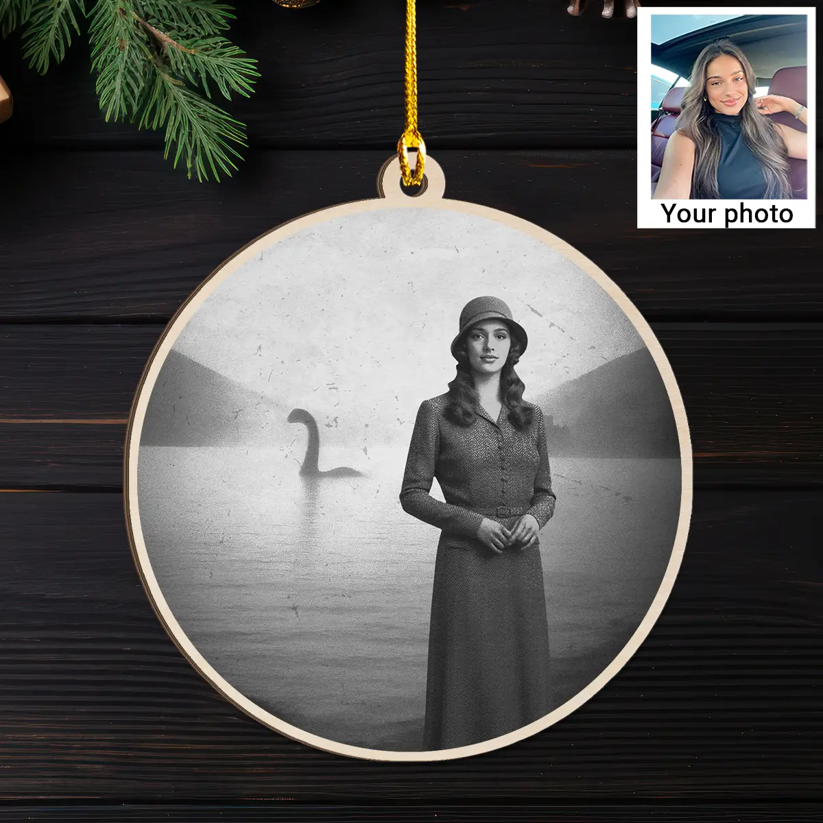 Personalized 1934 Nessie Wooden Ornament | Custom Your Face in Vintage Loch Ness Monster, Christmas Gift 1 Personalized 1934 Nessie Wooden Ornament Custom Your Face in Vintage Loch Ness Monster, Christmas Gift