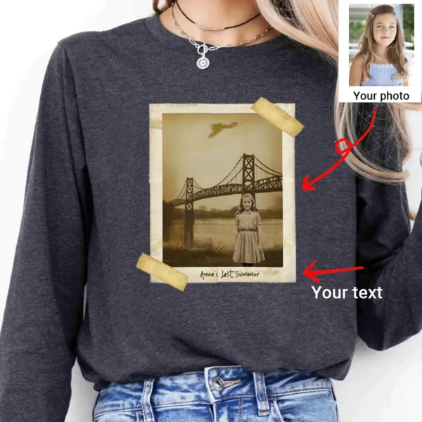 Personalized 1967 Mothman Sighting Long Sleeve Tee Your Face in Lost Photo, Custom Crewneck