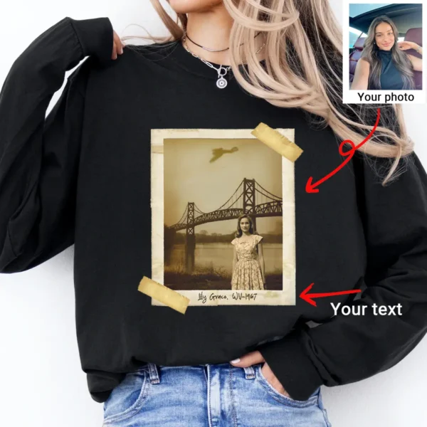 Personalized 1967 Mothman Sighting Long Sleeve Tee Your Face in Lost Photo, Custom Crewneck