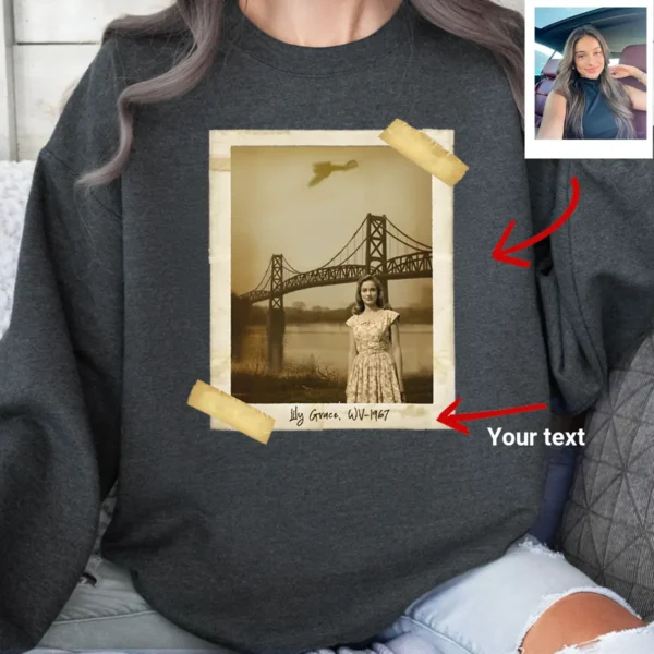 Personalized 1967 Mothman Sighting Sweatshirt Your Face in Lost Photo, Custom Pullover