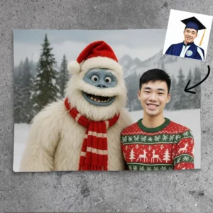 Personalized Christmas Yeti Sherpa Blanket Classic 1964 Stop-Motion Movie Style, Custom Photo Gift Title