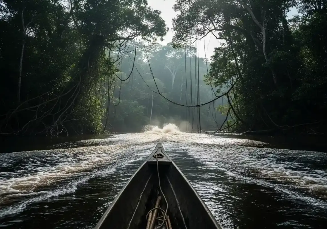 5 Reasons Mokele-mbembe Could Be The Last Survivor 2 A dramatic, moody perspective from inside a wooden canoe on a jungle river.