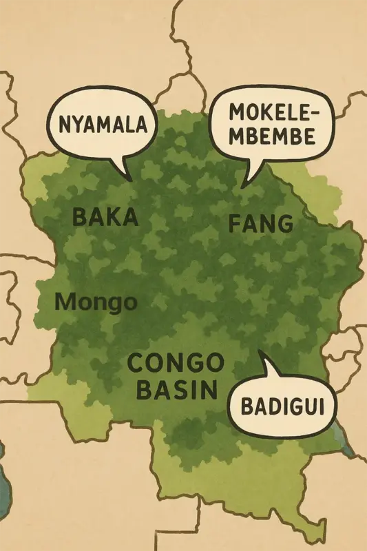 5 Reasons Mokele-mbembe Could Be The Last Survivor 12 A map showing the different tribal territories in the Congo and the corresponding names for the creature.