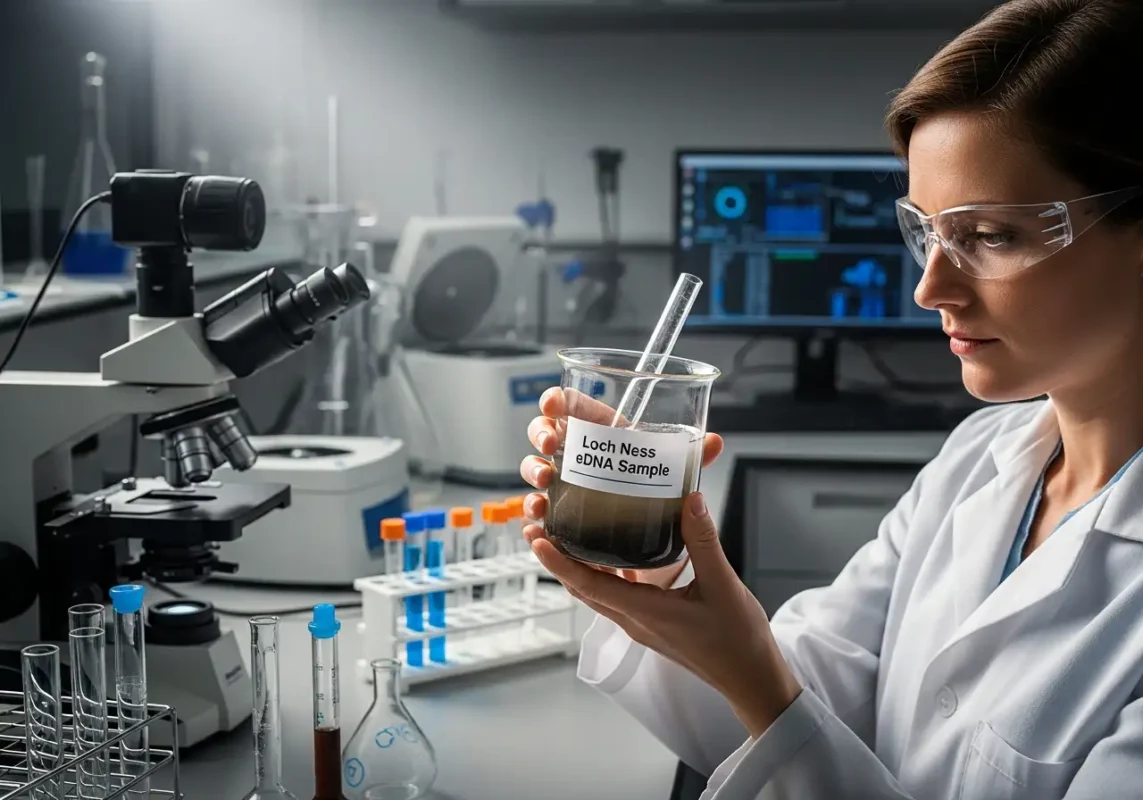 Unlocking The Loch Ness Monster Mystery: Your Ultimate Guide 9 A scientist in a lab coat holding a beaker of dark water labeled Loch Ness Sample