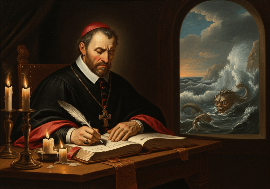 An illustration of Erik Pontoppidan writing at a desk with a window overlooking a stormy Norwegian sea.