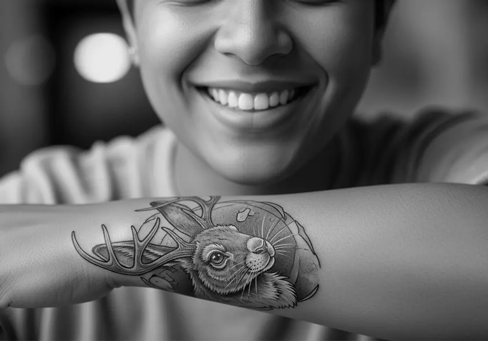 Jackalope: The Shocking True Story Behind America's Cutest Cryptid? 10 Artistic photo of a person showing their Jackalope tattoo with pride.