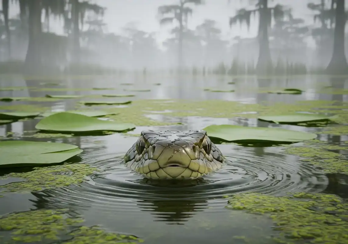 5 Reasons Mokele-mbembe Could Be The Last Survivor 10 Close up of a Mokele-mbembe head surfacing among lily pads.