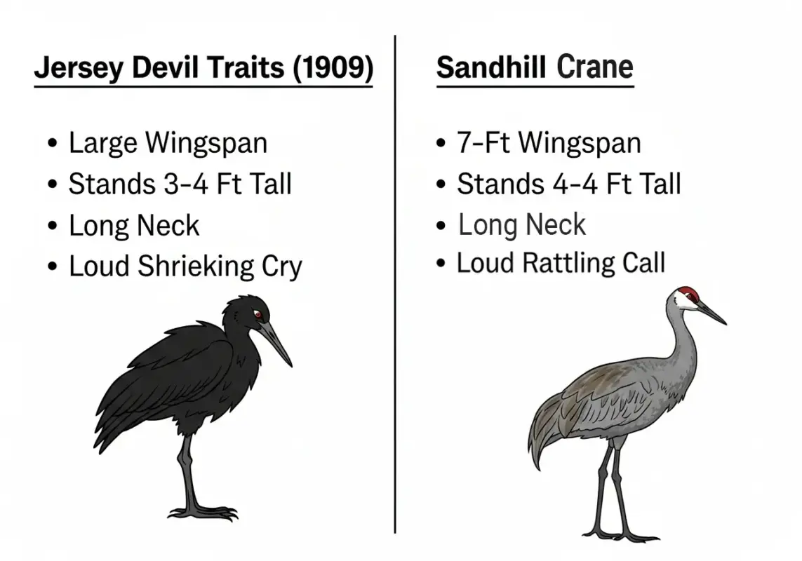 1,000 Witnesses in 1909: Was the Jersey Devil More Than Just a Myth? 7 Comparison infographic Jersey Devil vs Sandhill Crane traits