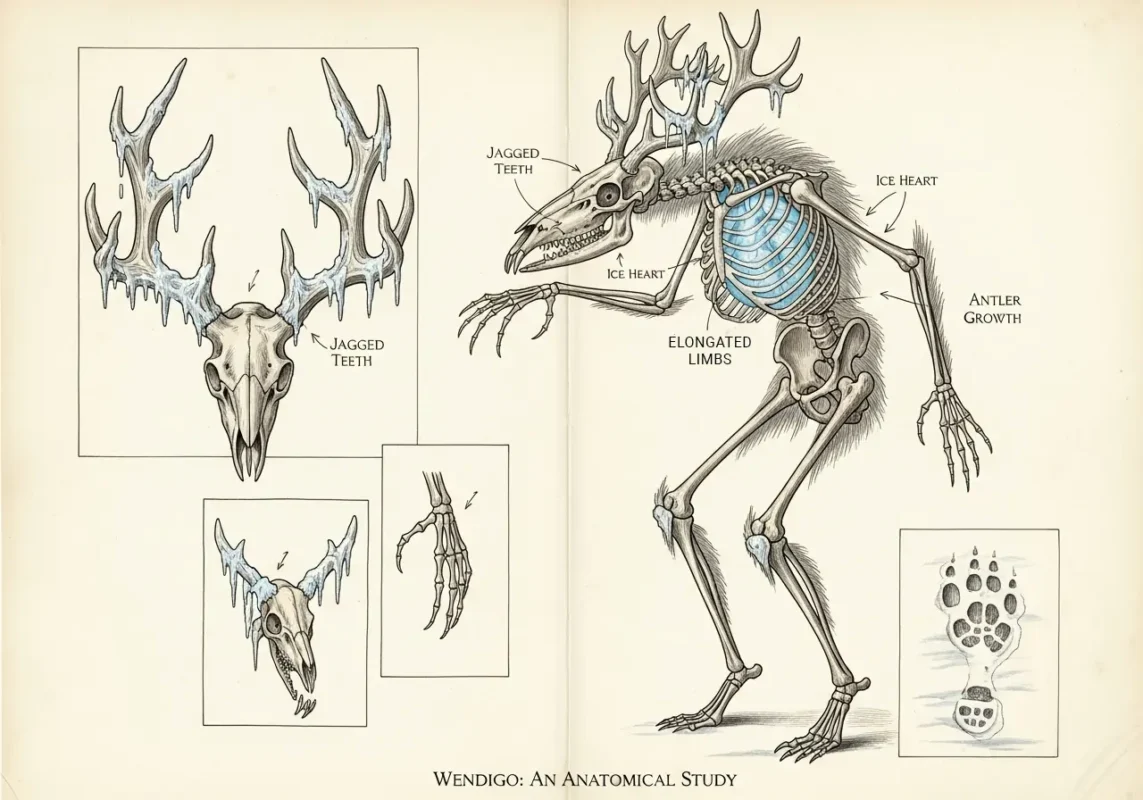 Wendigo: The Chilling Truth Behind The Legend That Haunts The North Woods 11 Da Vinci style anatomical study of a Wendigo creature