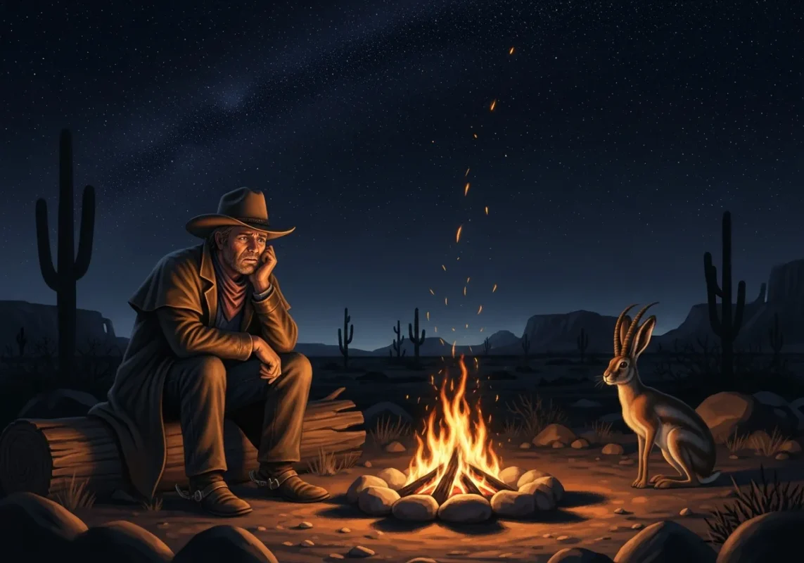 Jackalope: The Shocking True Story Behind America's Cutest Cryptid? 7 Digital painting of a cowboy hearing a Jackalope sing by a campfire