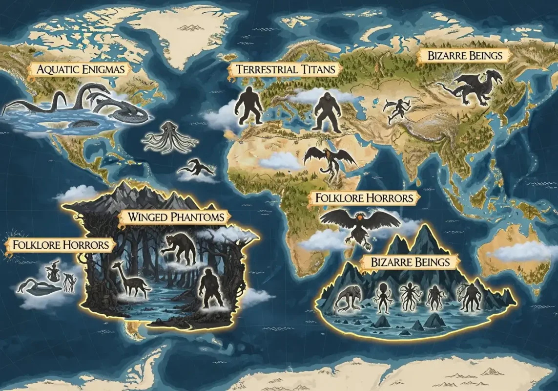 A Cryptozoologist's Field Guide: The A-Z of 50+ Legendary Cryptids 2 Fantasy world map of cryptids infographic