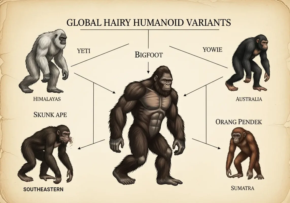 A Cryptozoologist's Field Guide: The A-Z of 50+ Legendary Cryptids 14 Hairy humanoid cryptids evolution chart infographic