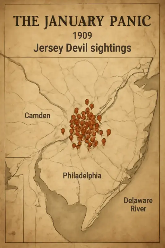 1,000 Witnesses in 1909: Was the Jersey Devil More Than Just a Myth? 3 Historical map of 1909 Jersey Devil sightings.