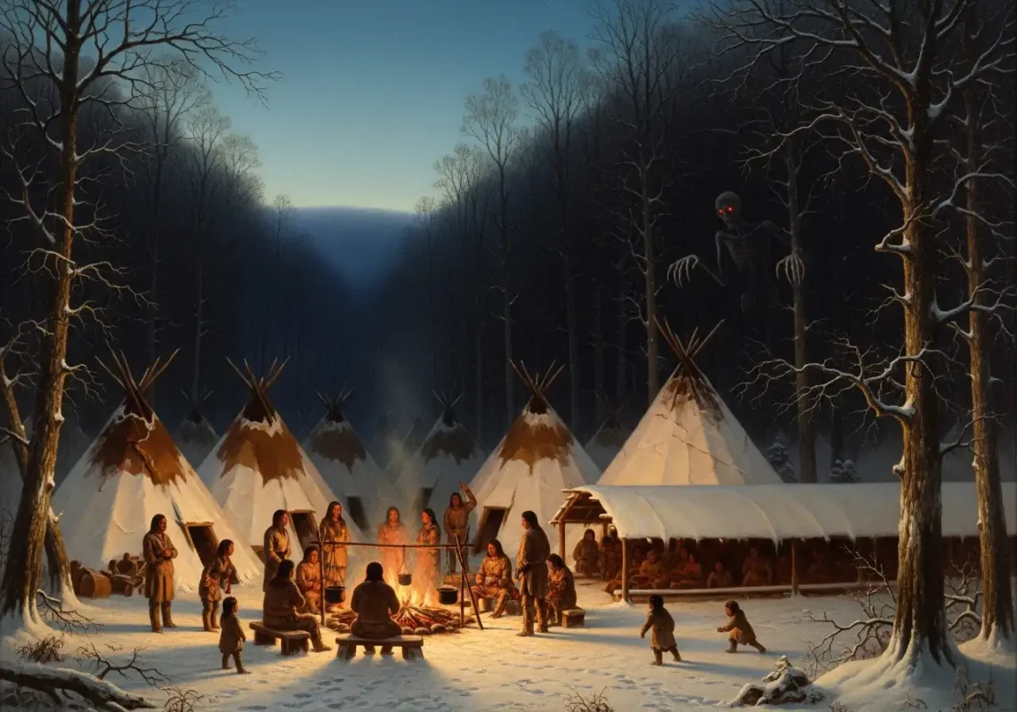 Wendigo: The Chilling Truth Behind The Legend That Haunts The North Woods 3 Historical oil painting Algonquian winter village Wendigo in woods