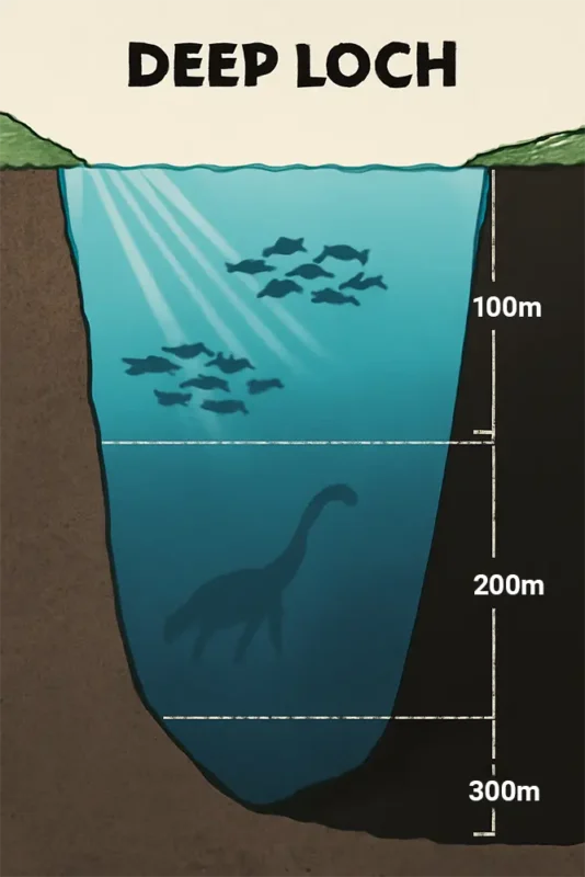 A Cryptozoologist's Field Guide: The A-Z of 50+ Legendary Cryptids 3 Loch Ness deep water cross-section infographic