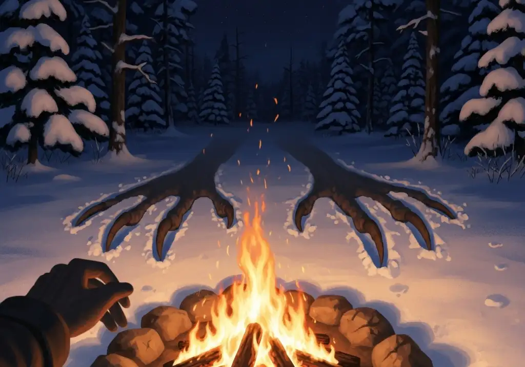 Wendigo: The Chilling Truth Behind The Legend That Haunts The North Woods 14 POV horror art Wendigo tracks in snow by campfire