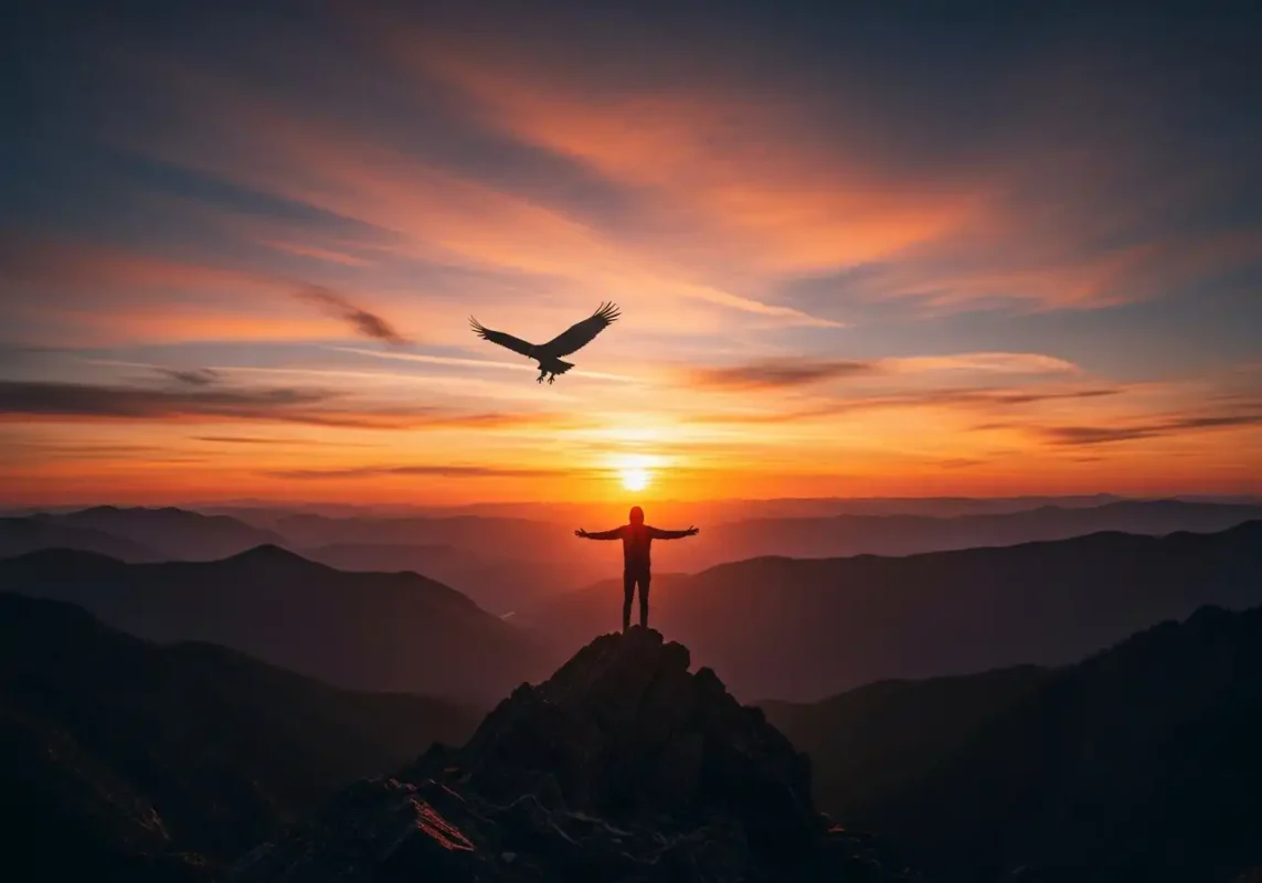 Person watching giant bird silhouette sunset