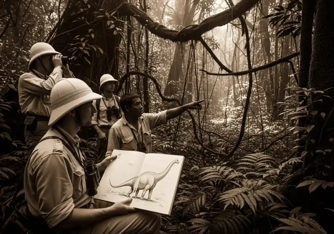 5 Reasons Mokele-mbembe Could Be The Last Survivor 6 Sepia-toned illustration of a 1910s German expedition team looking at a sketch of a sauropod shown by a local guide.