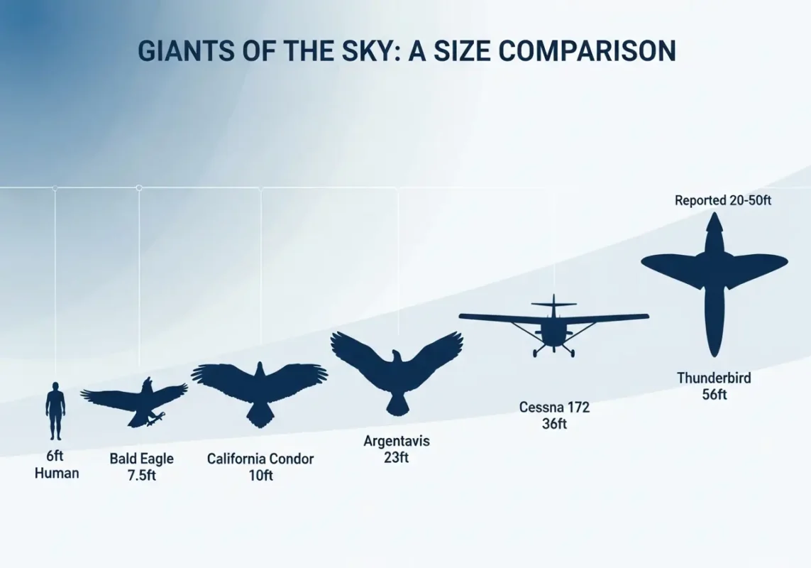 A Cryptozoologist's Field Guide: The A-Z of 50+ Legendary Cryptids 26 Thunderbird wingspan size comparison infographic