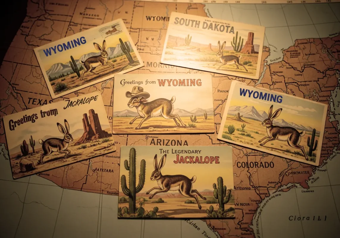 Jackalope: The Shocking True Story Behind America's Cutest Cryptid? 4 Vintage Jackalope postcards collection on a map photo