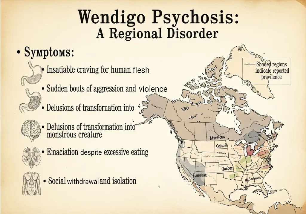 Wendigo: The Chilling Truth Behind The Legend That Haunts The North Woods 8 Vintage medical infographic Wendigo Psychosis symptoms map