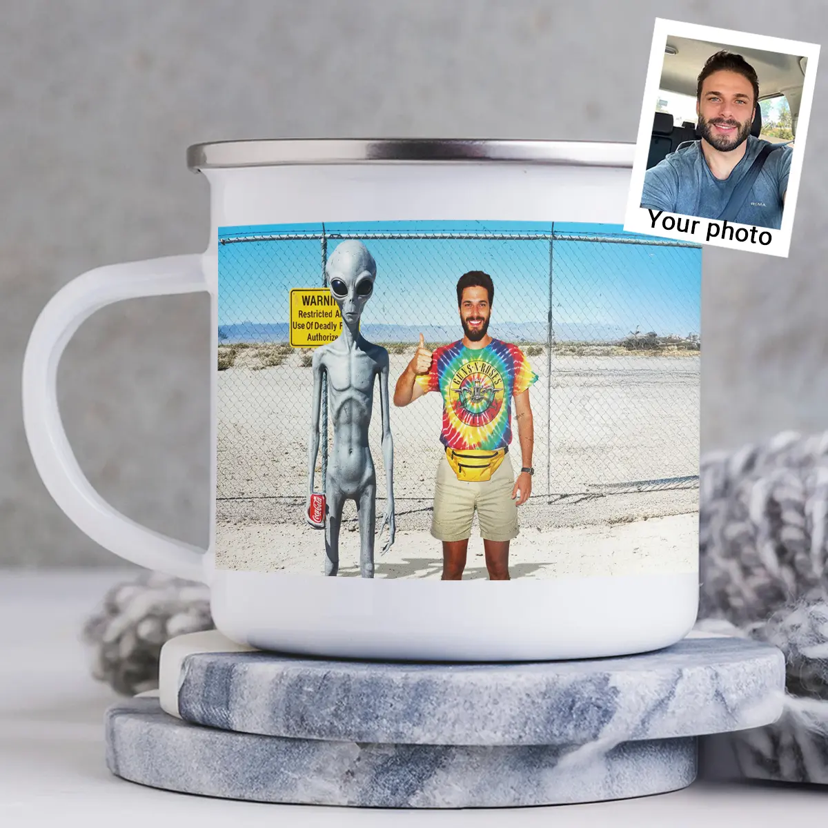 Personalized 1990s Area 51 Alien Camping Mug | Custom Face in Funny Retro Vacation Pic, 90s Kitsch Enamel Mug 1 Personalized 1990s Area 51 Alien Camping Mug Custom Face in Funny Retro Vacation Pic, 90s Kitsch Enamel Mug