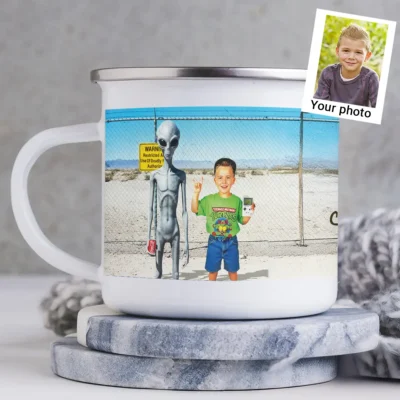 Personalized 1990s Area 51 Alien Camping Mug Custom Face in Funny Retro Vacation Pic, 90s Kitsch Enamel Mug