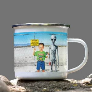 Personalized 1990s Area 51 Alien Camping Mug Custom Face in Funny Retro Vacation Pic, 90s Kitsch Enamel Mug