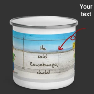 Personalized 1990s Area 51 Alien Camping Mug Custom Face in Funny Retro Vacation Pic, 90s Kitsch Enamel Mug